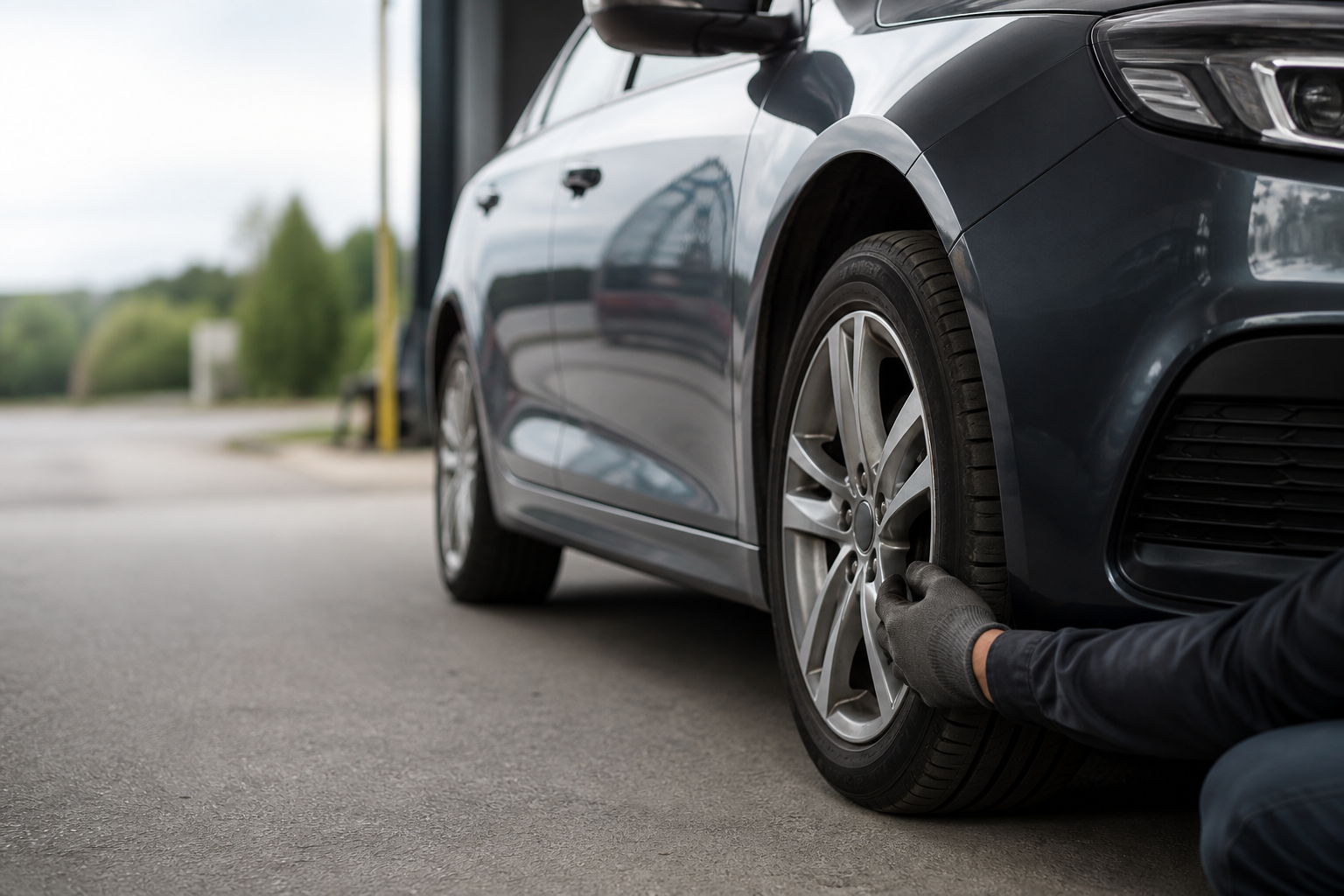 Mécanicien observant la roue avant d’une voiture pour rechercher un bruit de roulement