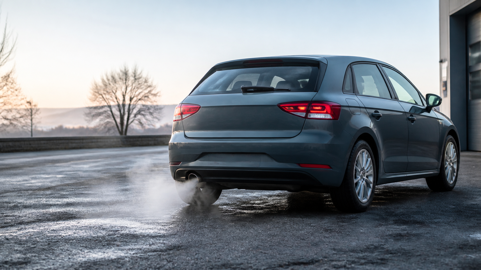 Voiture produisant une fine fumée blanche à l’échappement par temps froid