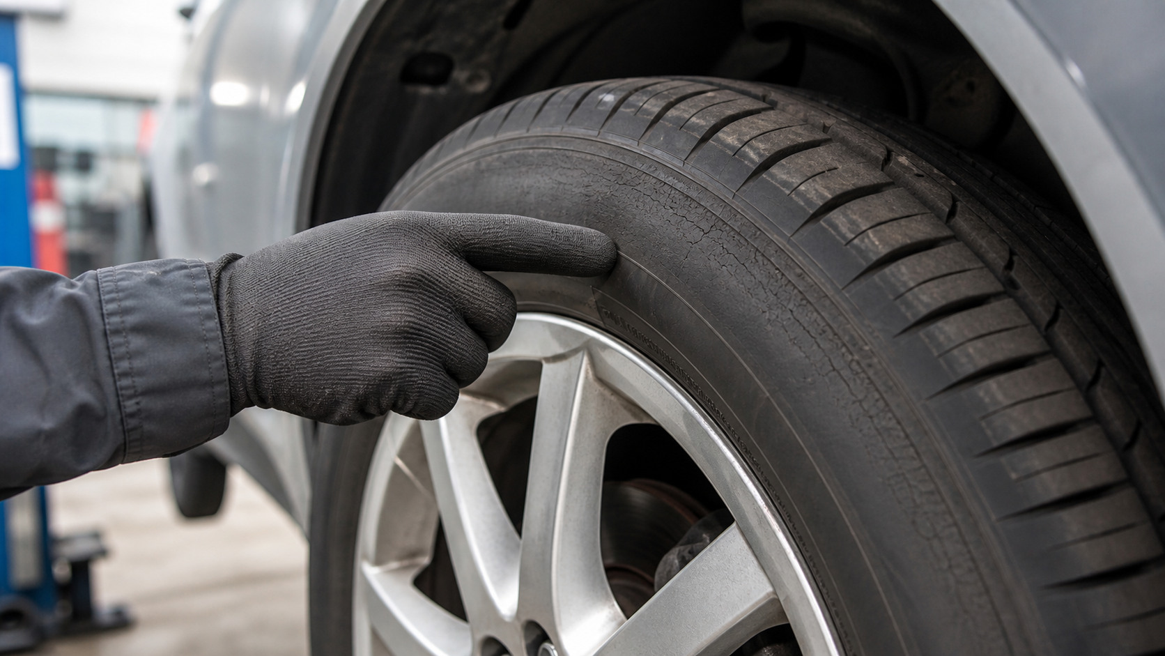 Mécanicien inspectant les craquelures sur le flanc d’un pneu de voiture