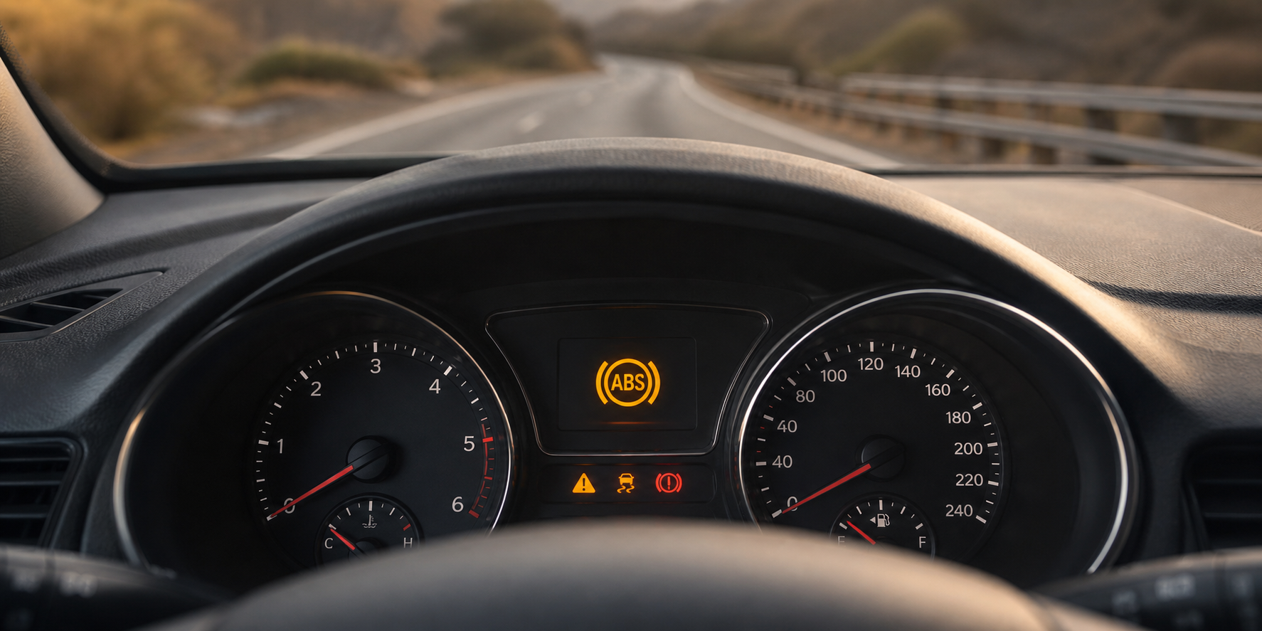 Tableau de bord d’une voiture avec le voyant ABS orange allumé