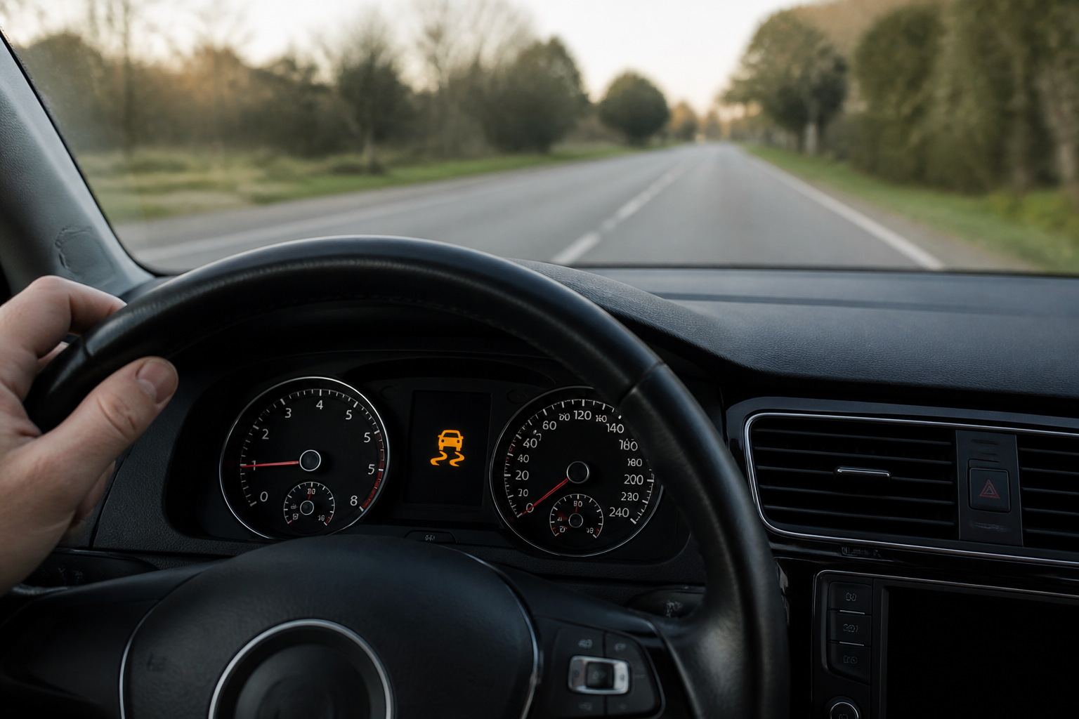 Tableau de bord d’une voiture avec le témoin ESP orange allumé