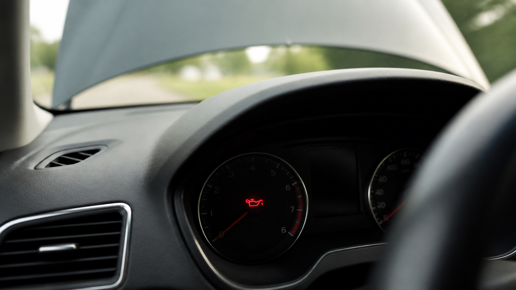 Voyant d’huile rouge allumé sur le tableau de bord d’une voiture, capot ouvert en arrière-plan