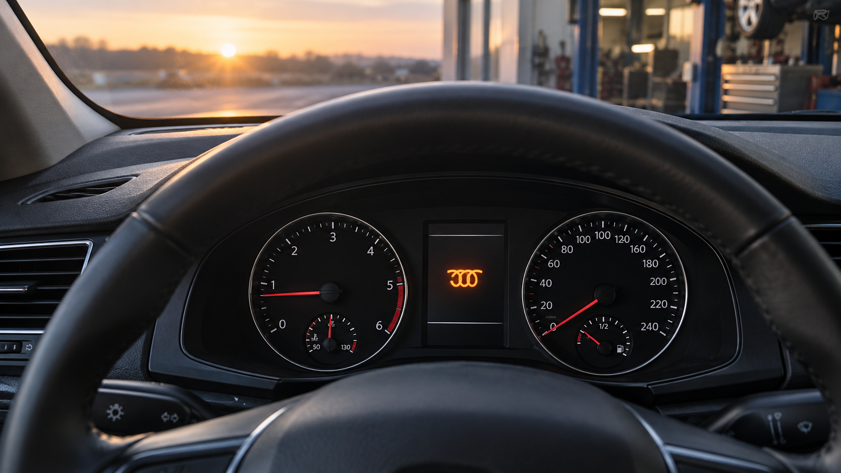 Tableau de bord d’une voiture diesel avec le voyant de préchauffage orange allumé