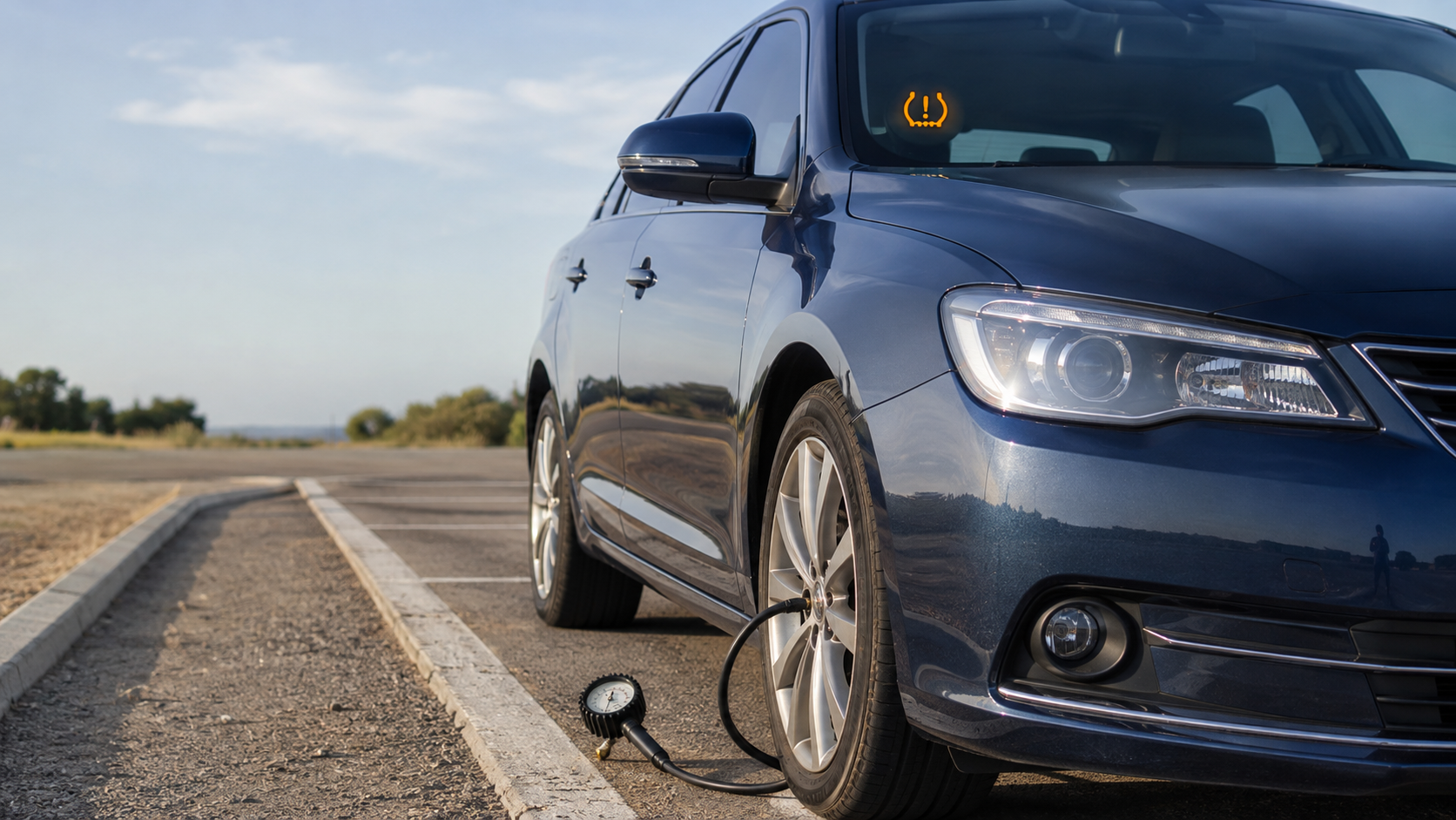 Voiture arrêtée en sécurité avec contrôle de la pression d’un pneu