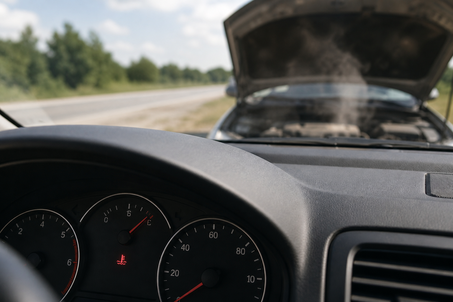 Tableau de bord d’une voiture avec le voyant de température moteur allumé, capot ouvert en arrière-plan